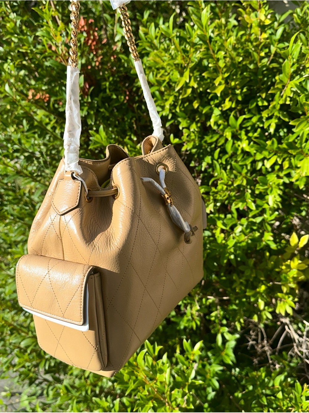 Tory Burch Quilted Leather Drawstring Bag with Gold Chain in Pecan - Picture 3 of 6